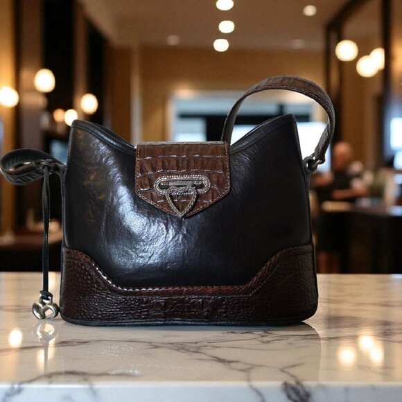 Vintage Brighton Black Brown Leather Shoulder Bag Croc Trim Heart Concho Silver - Picture 1 of 16